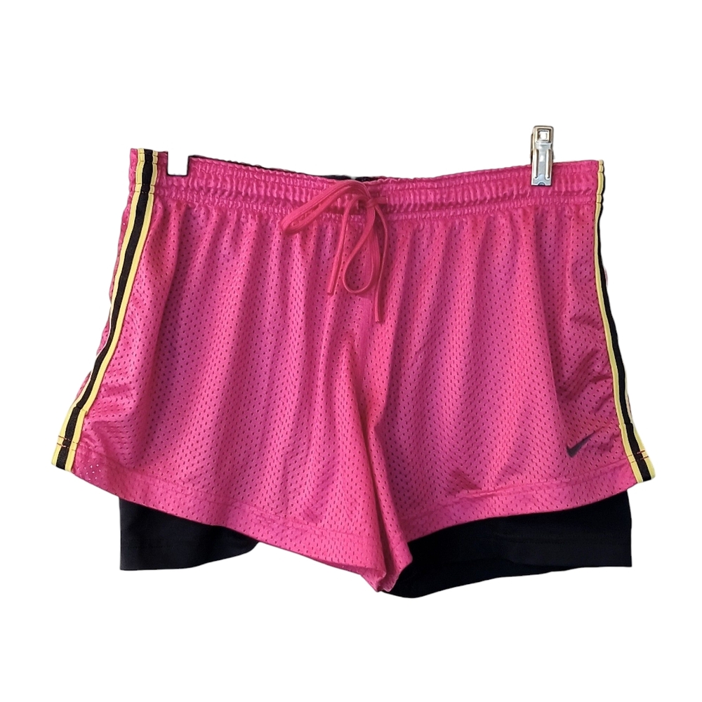 Women's Nike Pro Combat Pink Mesh Shorts With Navy Blue Undershorts - Large